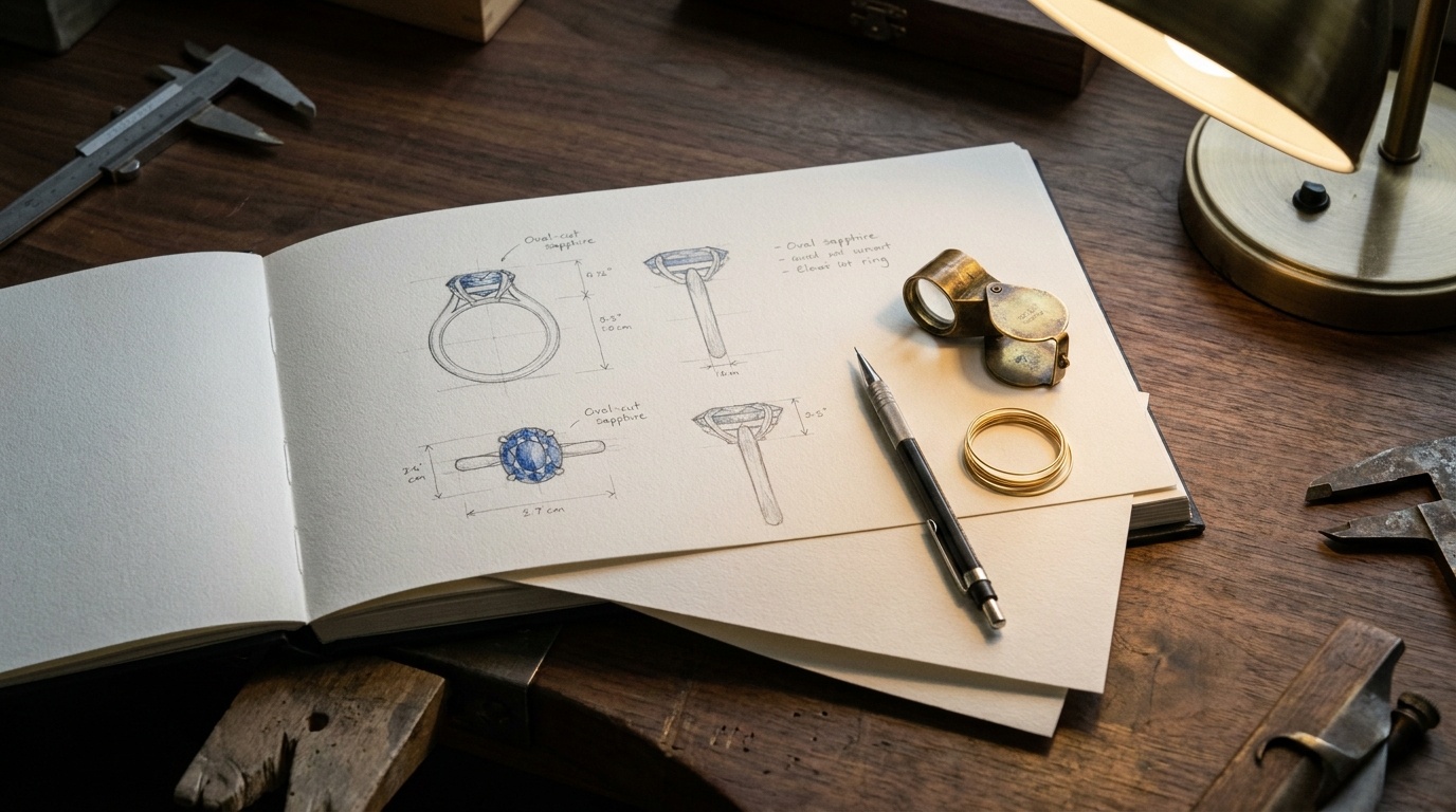 Jeweller's sketchbook open to oval-cut sapphire ring design elevations on a dark walnut workbench