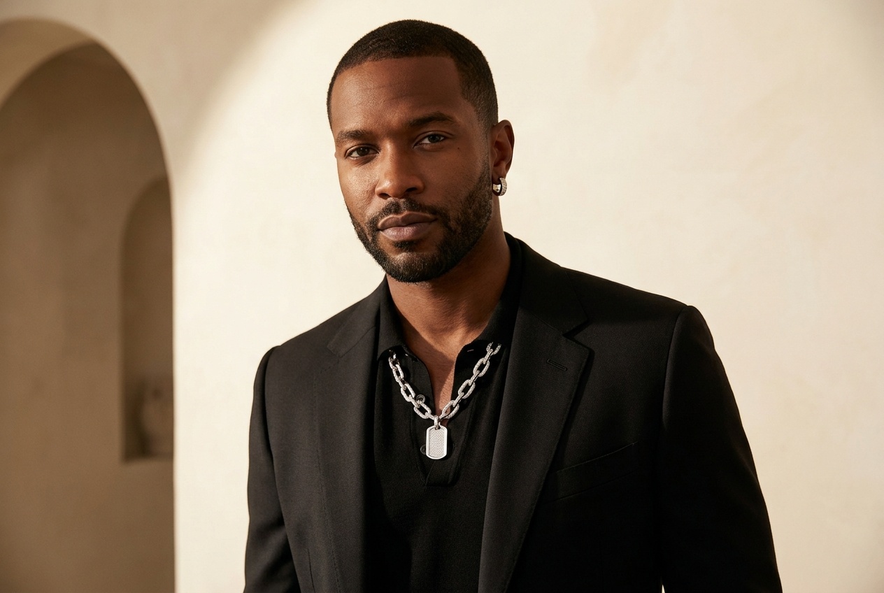 A David Yurman Chevron necklace worn with a dark suit