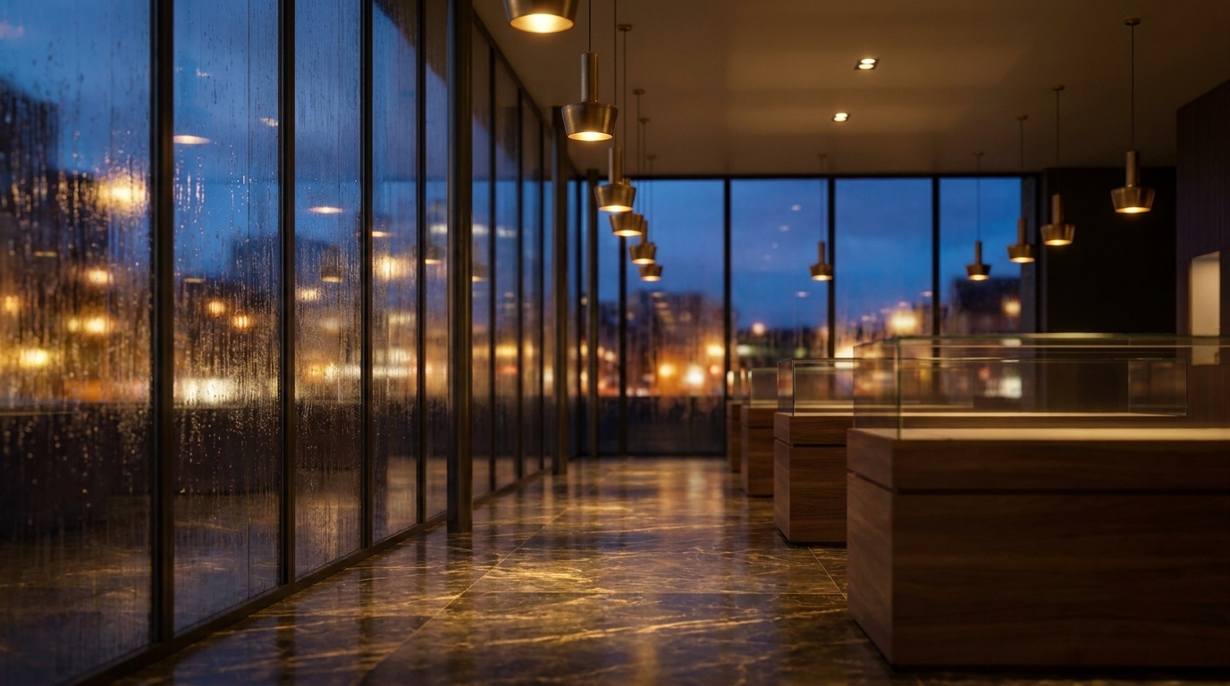 Birmingham New Street showroom interior at dusk