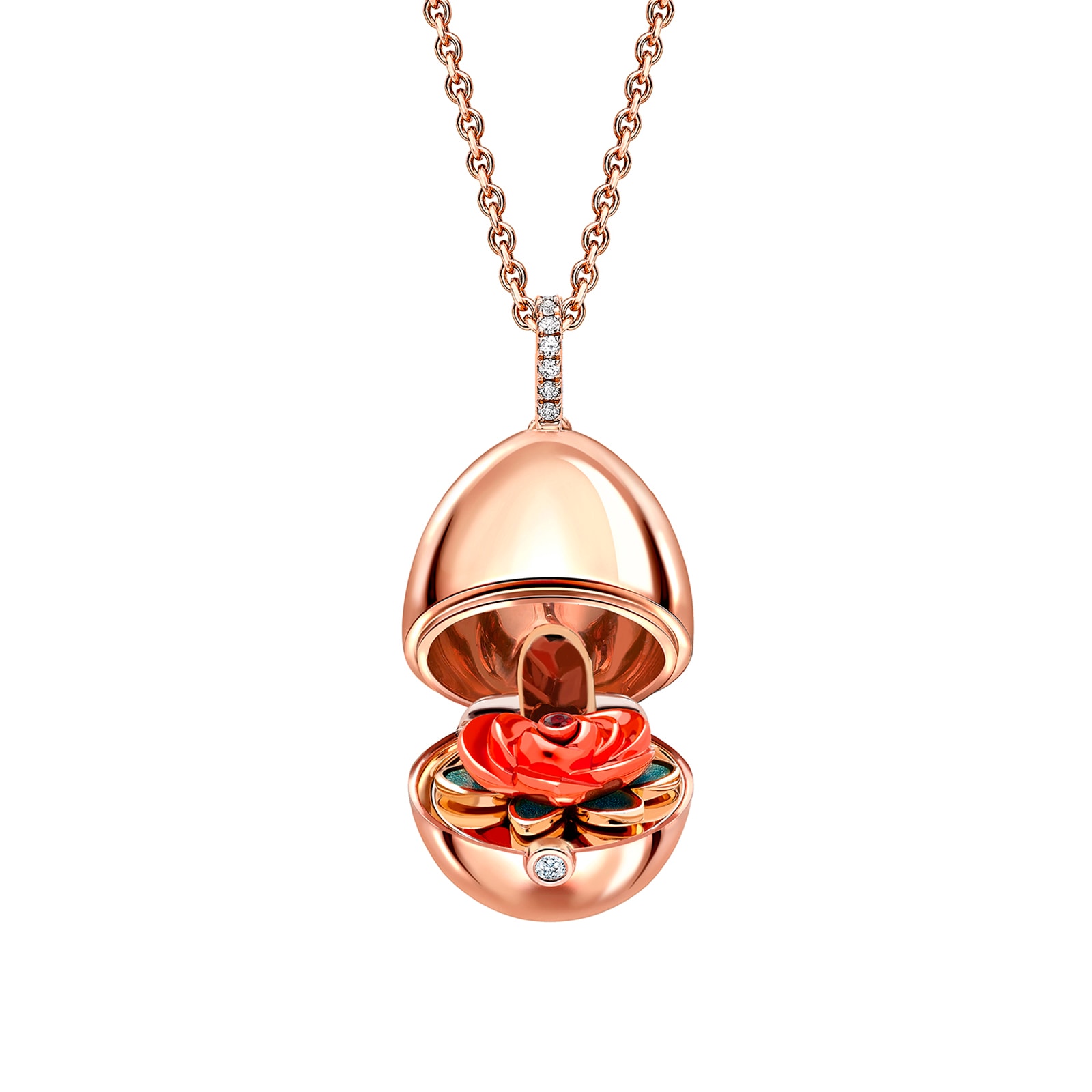 Fabergé Essence 18ct rose gold diamond and ruby Rose Surprise Locket